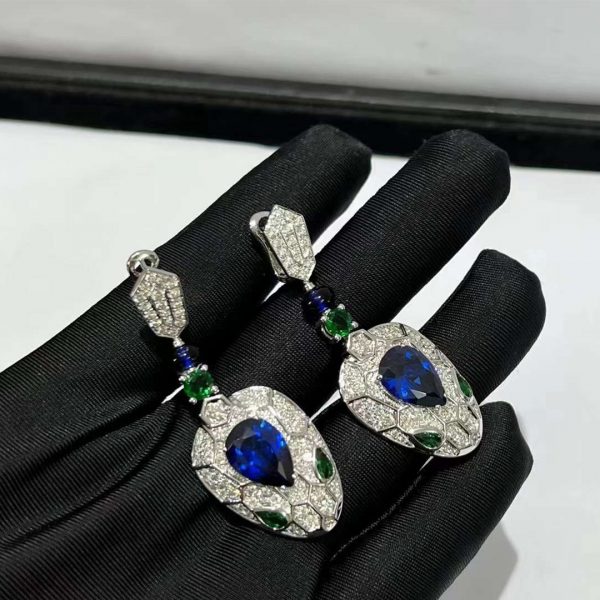 Bông tai BVLGARI Serpenti Viper ngọc bích xanh,ngọc lục bảo và kim cương vàng trắng 18K