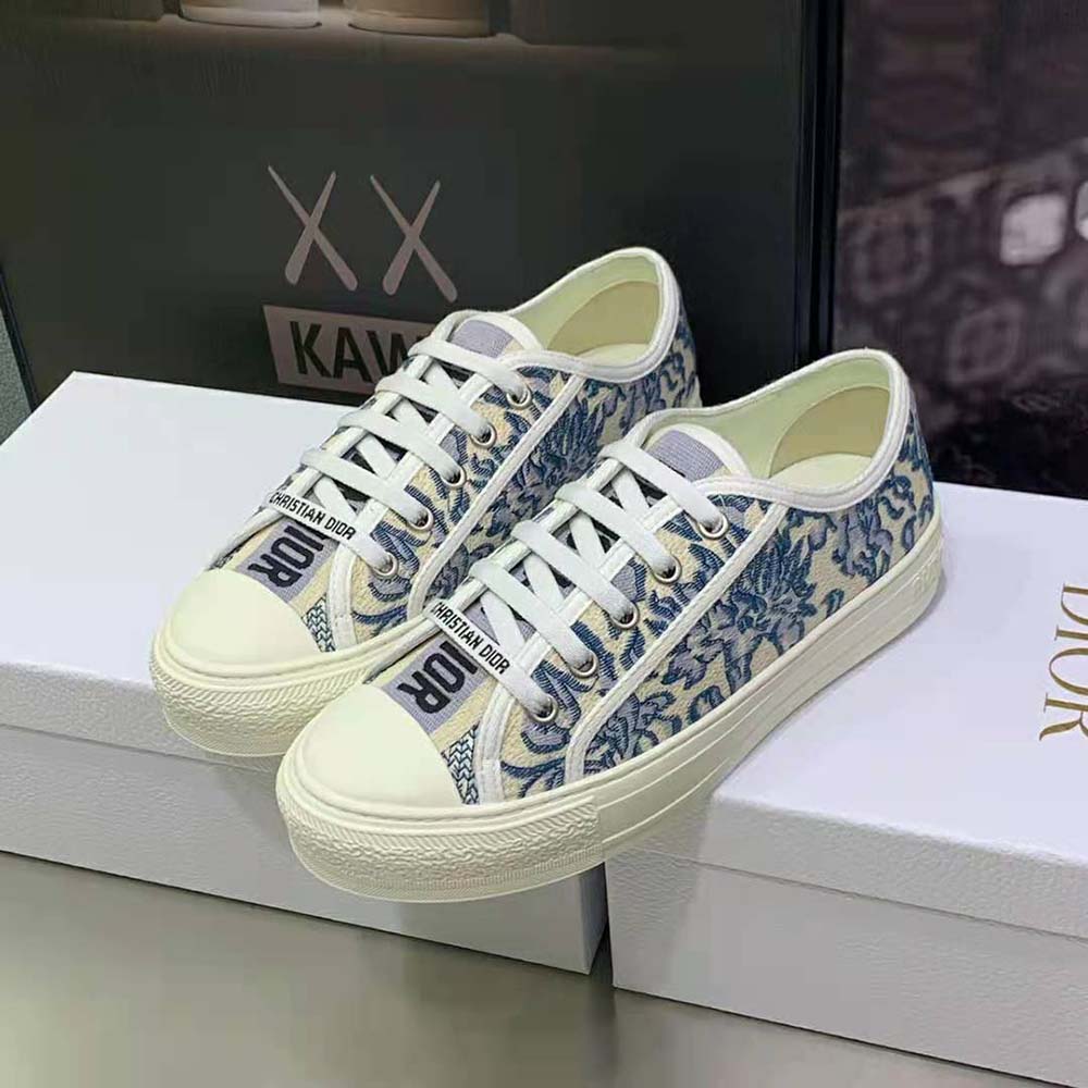 GIÀY Dior Women Walk’N’Dior Sneaker Duck Blue Dior Brocart Embroidered Cotton with Gold-Tone Metallic Thread