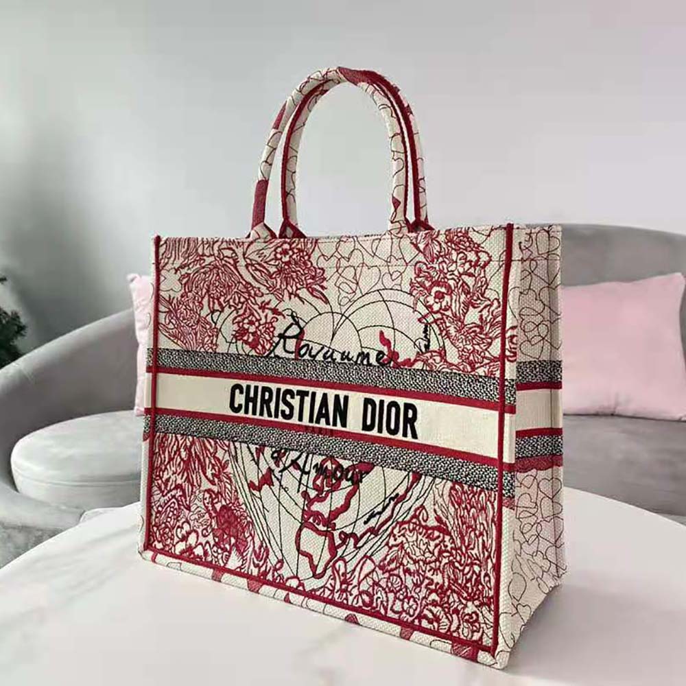 TÚI Dior Women Dioramour Dior Book Tote Red and White D-Royaume D Amour Embroidery