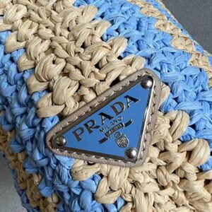 TÚI Prada Women Large Raffia Tote Bag with Embroidered Lettering Logo on the Front-Blue