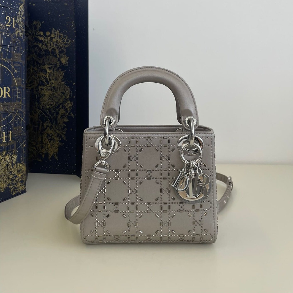 TÚI CHRISTIAN DIOR Mini Lady Dior Bag in Grey Cannage Satin with Rhinestones
