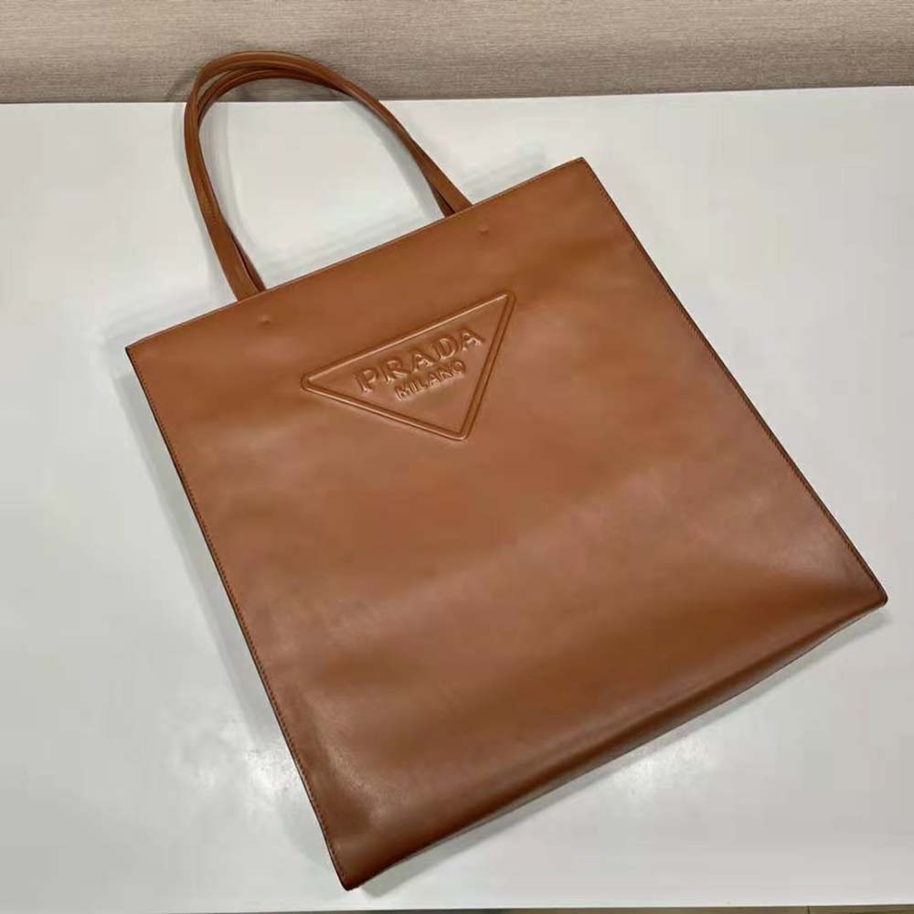 TÚI Prada Women Leather Tote Bag with Embossed Triangle Logo-Brown