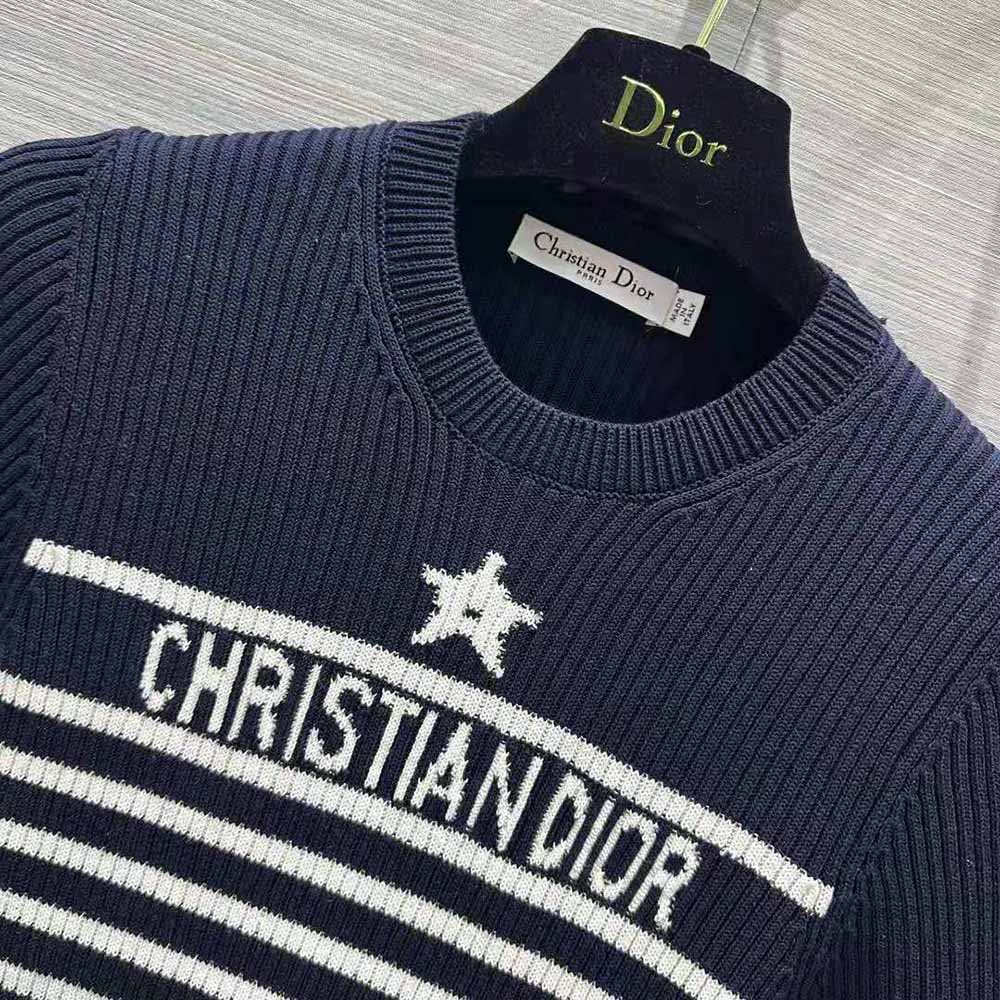 ÁO DIOR Short-Sleeved Sweater Navy Blue and White Cotton Ribbed Knit