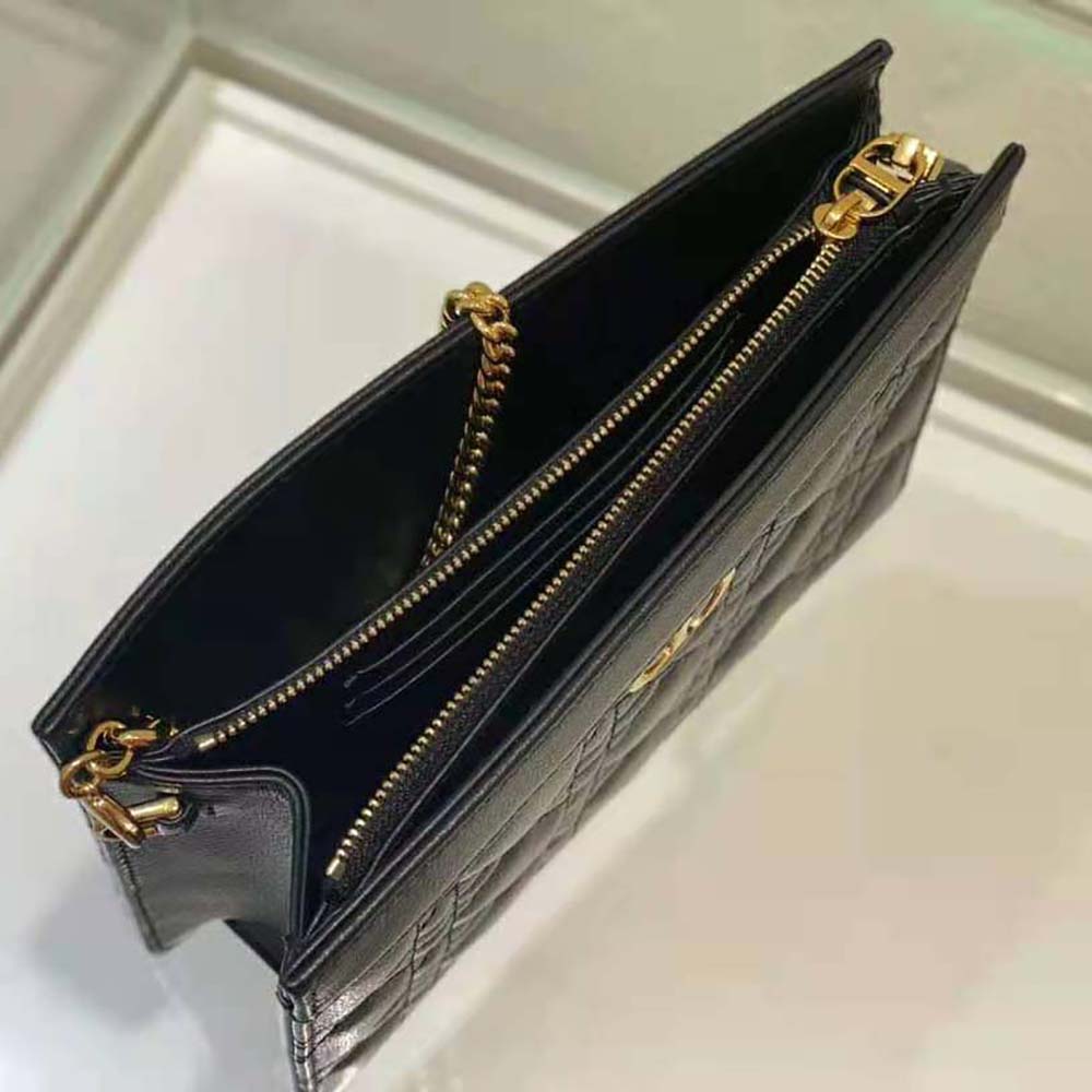 TÚI Dior Women Caro Zipped Pouch with Chain Black Supple Cannage Calfskin