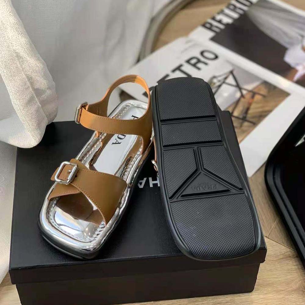 DÉP SANDAL PRADA Flat Rectangular Leather Sandals-Brown