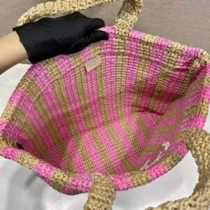 TÚI Prada Women Large Raffia Tote Bag with Embroidered Lettering Logo on the Front-Pink