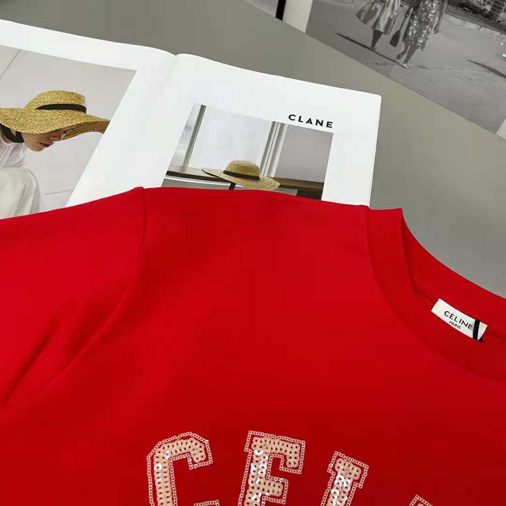 ÁO Celine Women Cropped Celine T-shirt in Cotton Fleece-Red