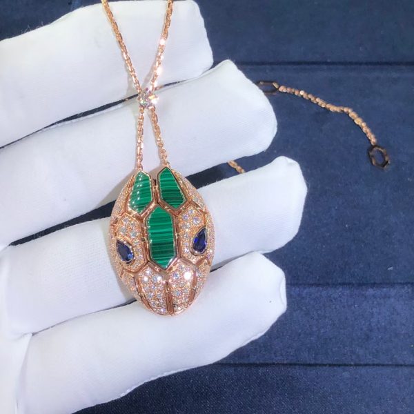 Vòng cổ BVLGARI Serpenti đá Sapphire Malachite & kim cương Pave vàng hồng18K