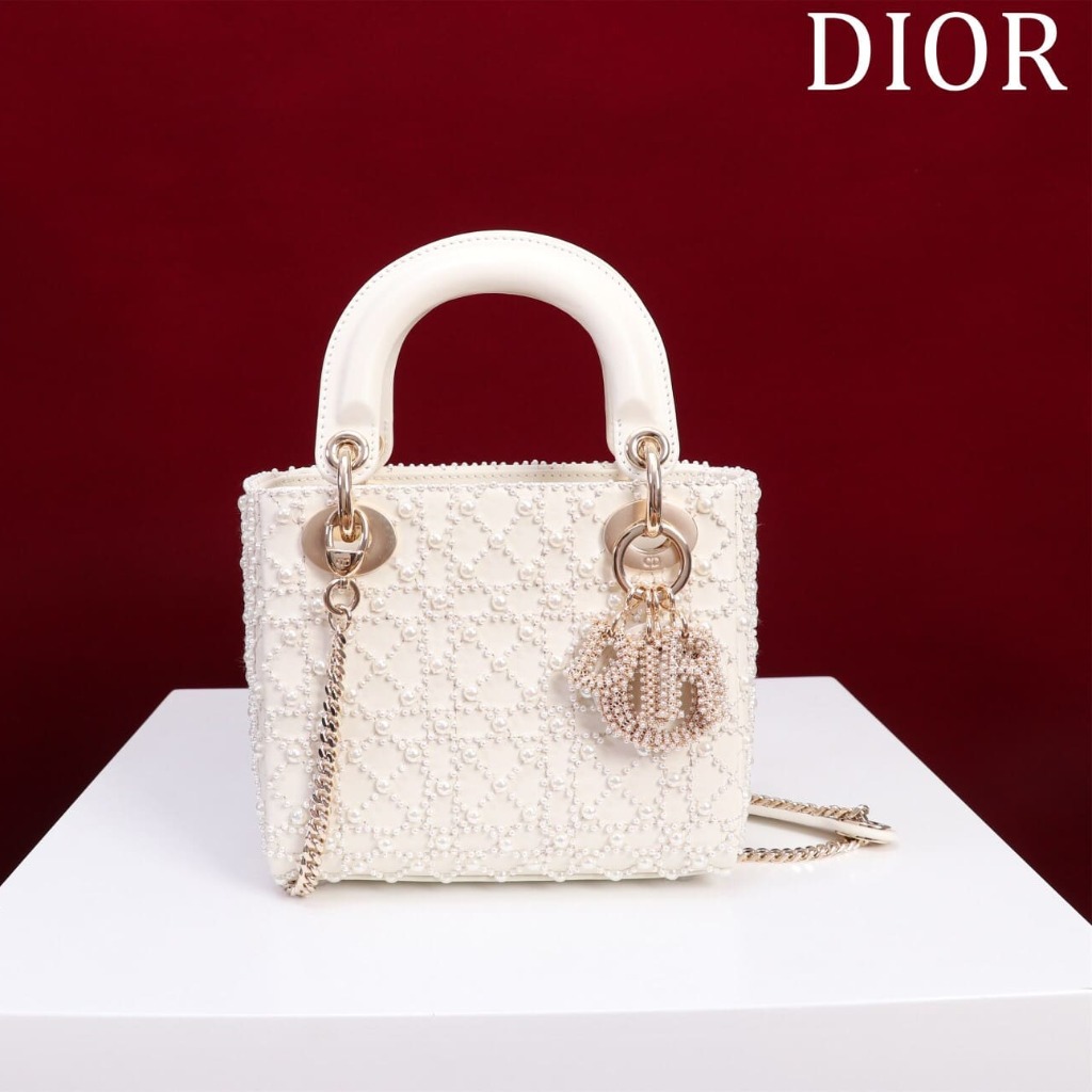 TÚI CHRISTIAN DIOR LADY DIOR Cannage Calfskin with Platinum Beaded Pearl Embroidery White