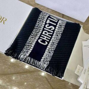 KHĂN Dior Women Oblique University Reversible Scarf Navy Blue Wool and Silk