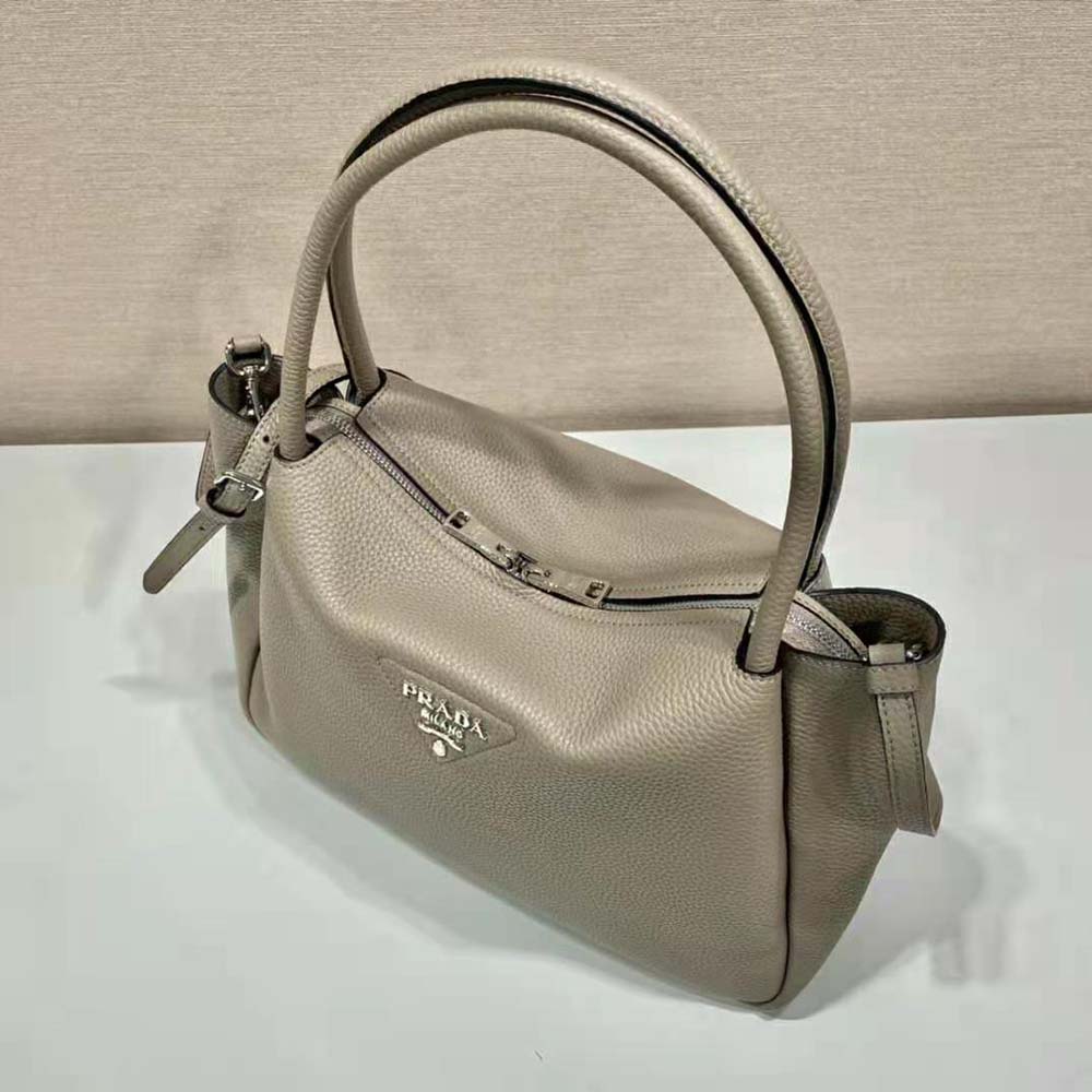 TÚI Prada Women Large Leather Handbag with the Prada Metal Lettering Logo Gleaming at Its Center-Brown