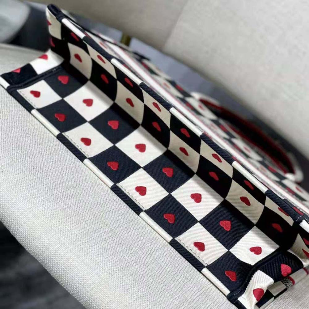 TÚI Dior Women Small Dioramour Dior Book Tote Black White and Red D-Chess Heart Embroidery