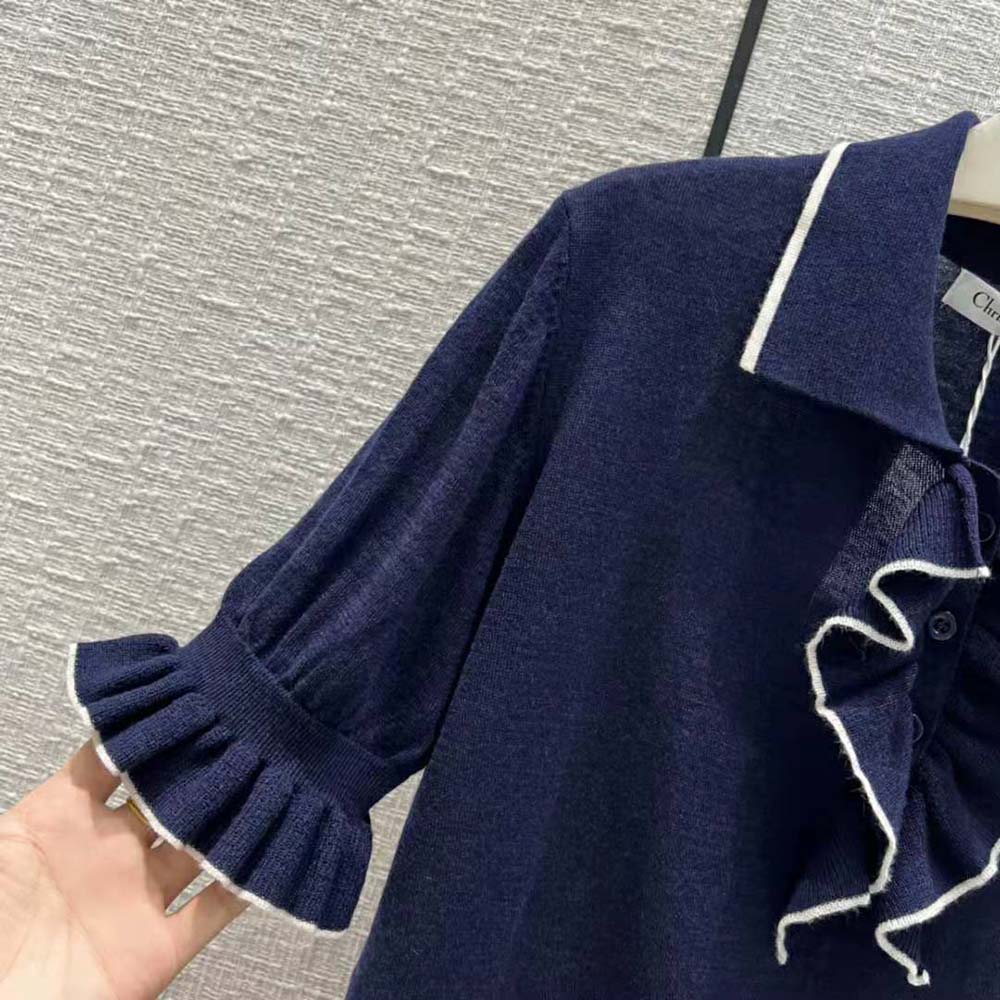 ÁO DIOR Short-Sleeved Sweater Navy Blue Cashmere and Silk Knit