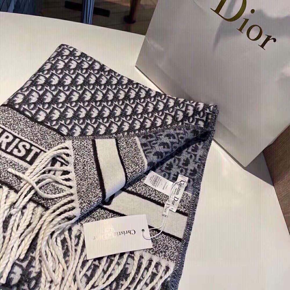 KHĂN Dior Women Oblique Scarf Navy Blue Cashmere