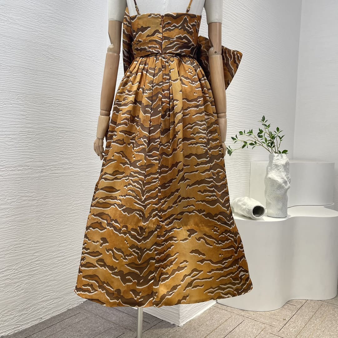 VÁY ZIMMERMANN Camel Tiger Striped Strapless Sleeveless Bow Midi Dress High Classy