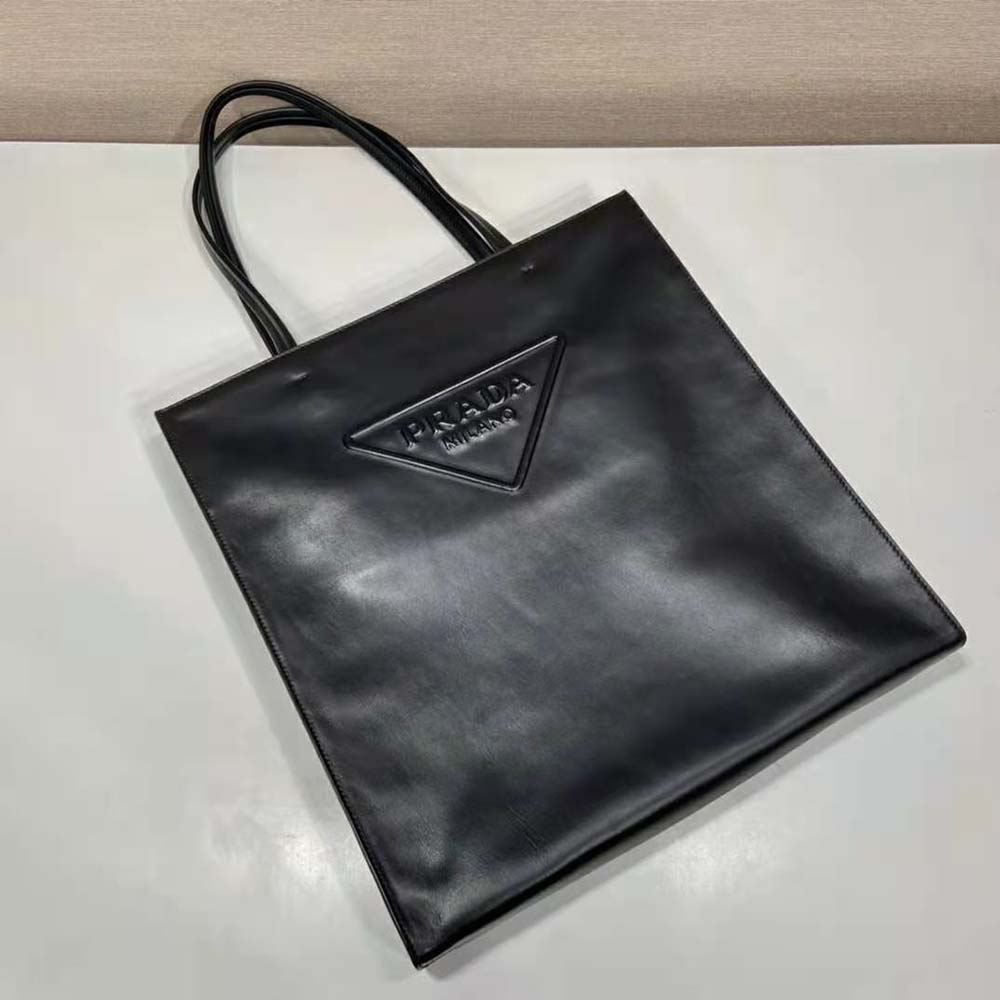 TÚI Prada Women Leather Tote Bag with Embossed Triangle Logo-Black
