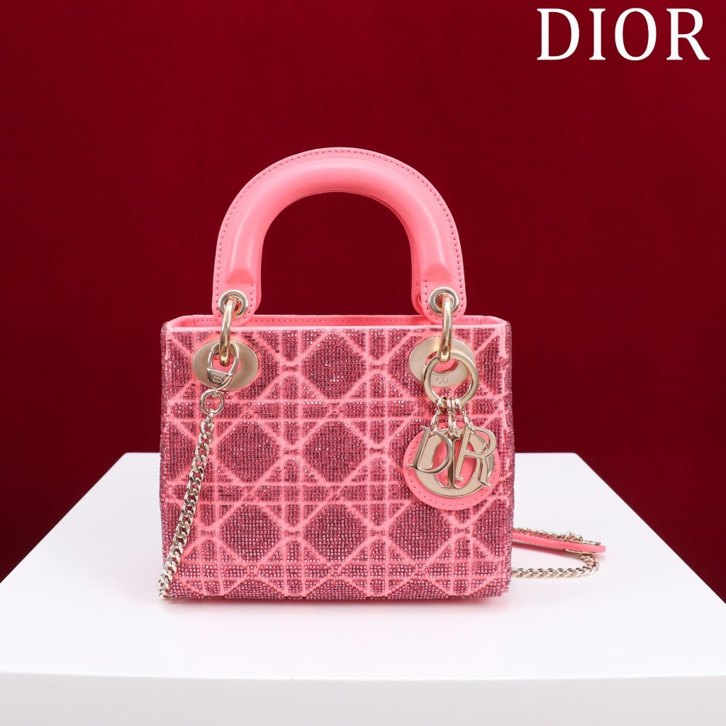 TÚI CHRISTIAN DIOR LADY DIOR Cannage Calfskin with Platinum Beaded Embroidery Pink