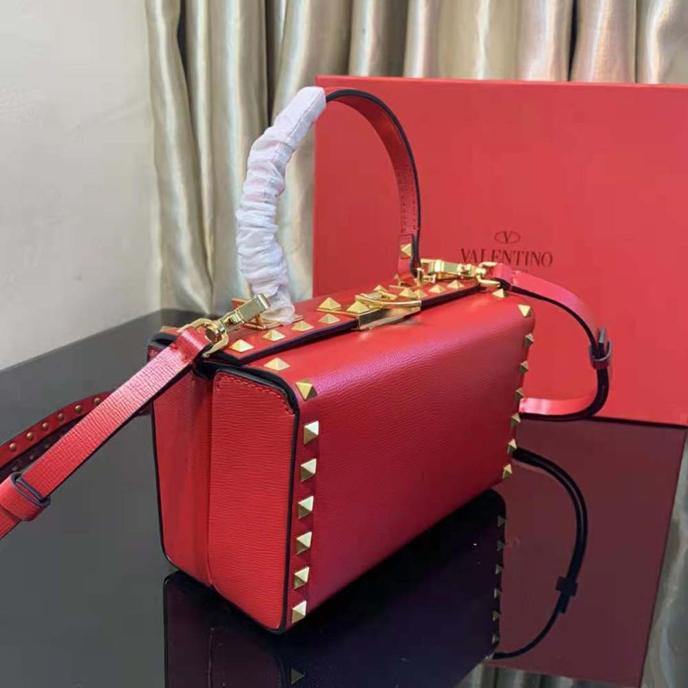 TÚI VALENTINO Rockstud Alcove Grainy Calfskin Box Bag-Red