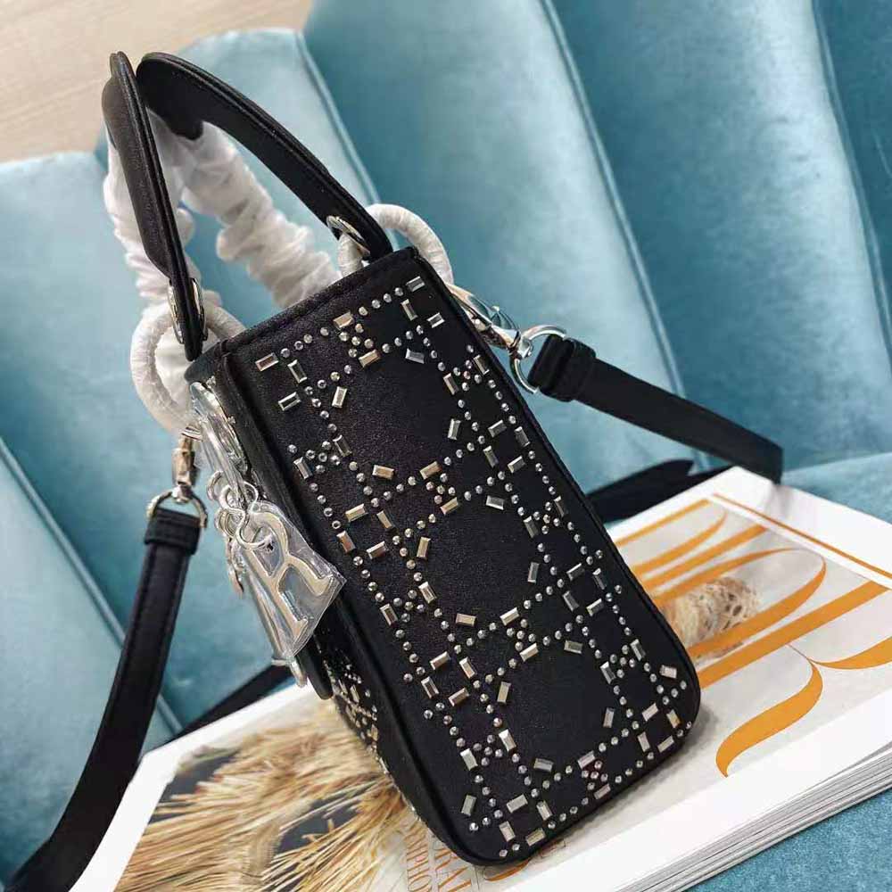 TÚI Dior Women Mini Lady Dior Bag Black Strass Cannage Satin