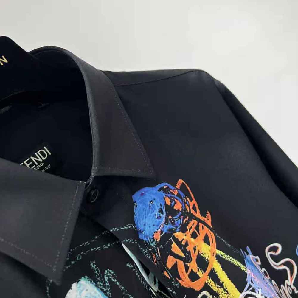 ÁO Fendi Men Black Cotton Shirt with Mid Ltalian Collar and Short Sleeves