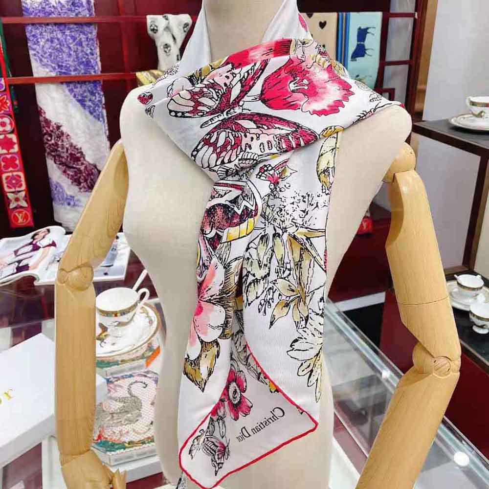 KHĂN Dior Women Square Scarf Ivory Silk Twill with Multicolor Butterfly Motif