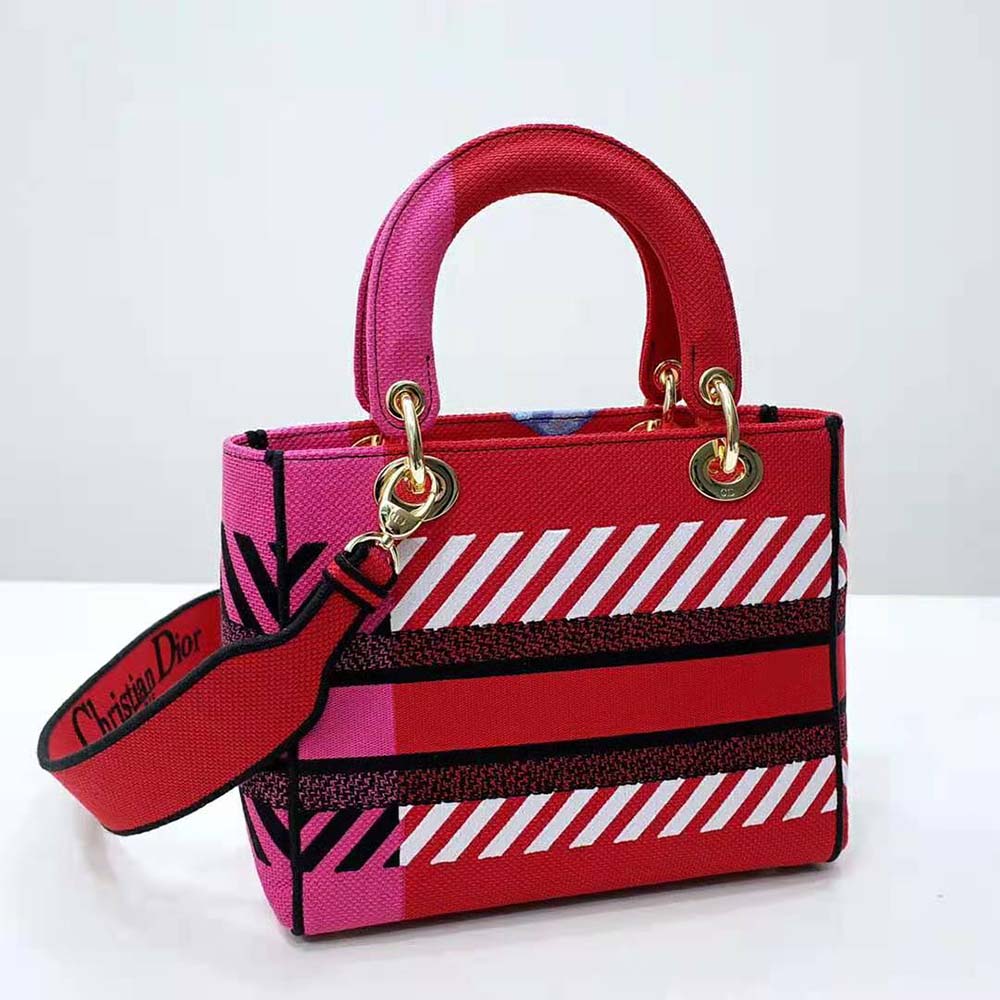 TÚI Dior Women Medium Lady D-lite Bag Bright Pink Multicolor D-Flower Pop Embroidery