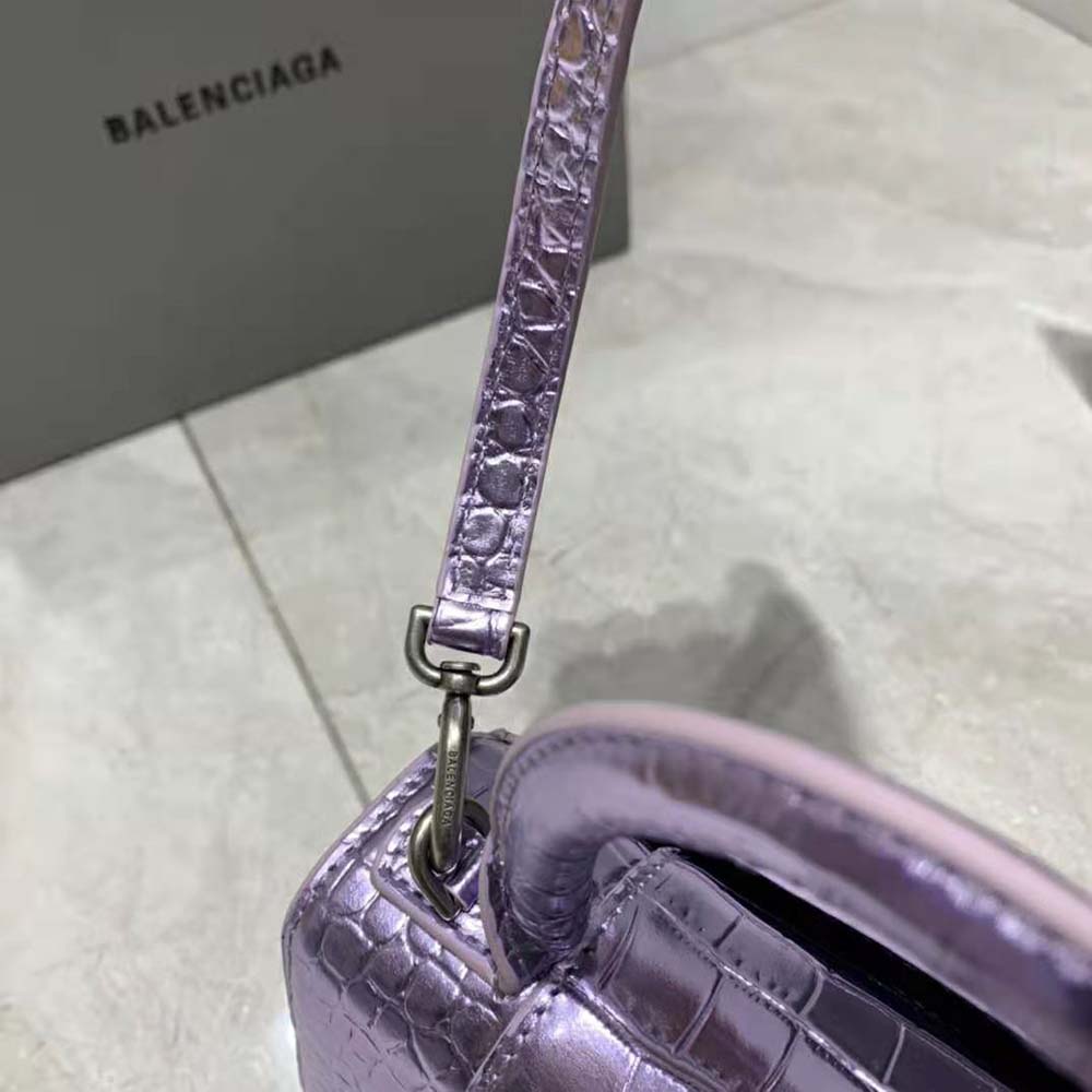 TÚI Balenciaga Women Hourglass XS Handbag Metallized Crocodile Embossed in Purple