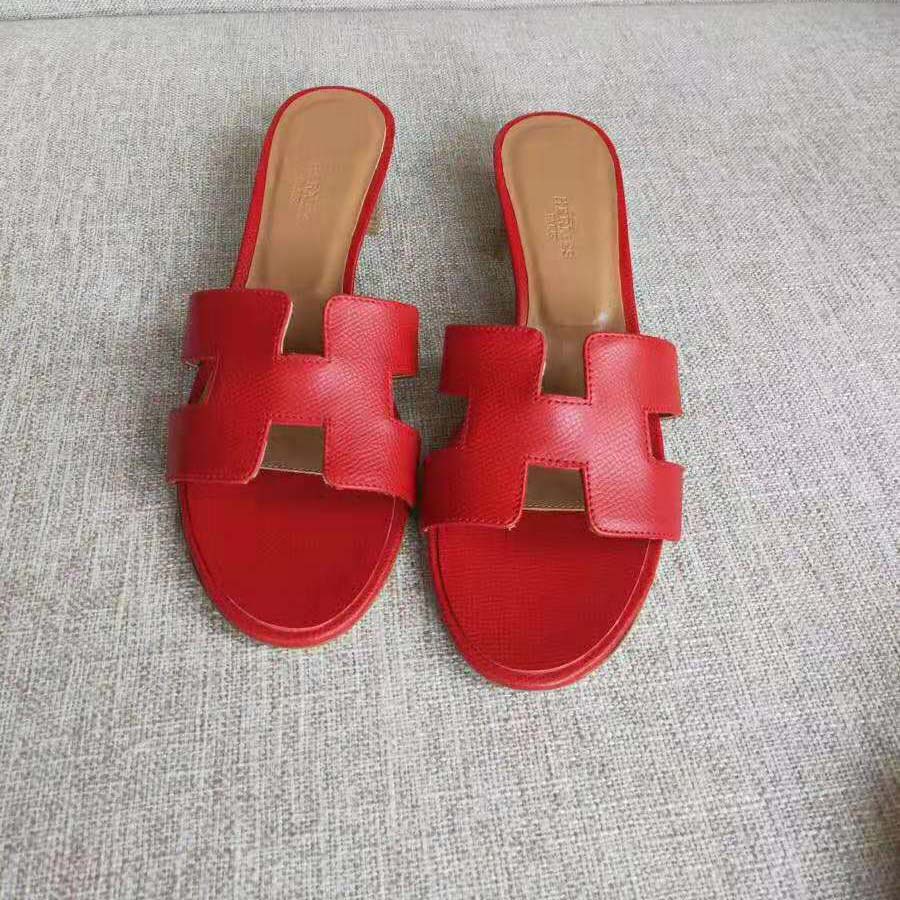 GIÀY Hermes Women Oasis Sandal in Calfskin with Iconic H Cut-Out 5.6cm Heel-Red SS2022
