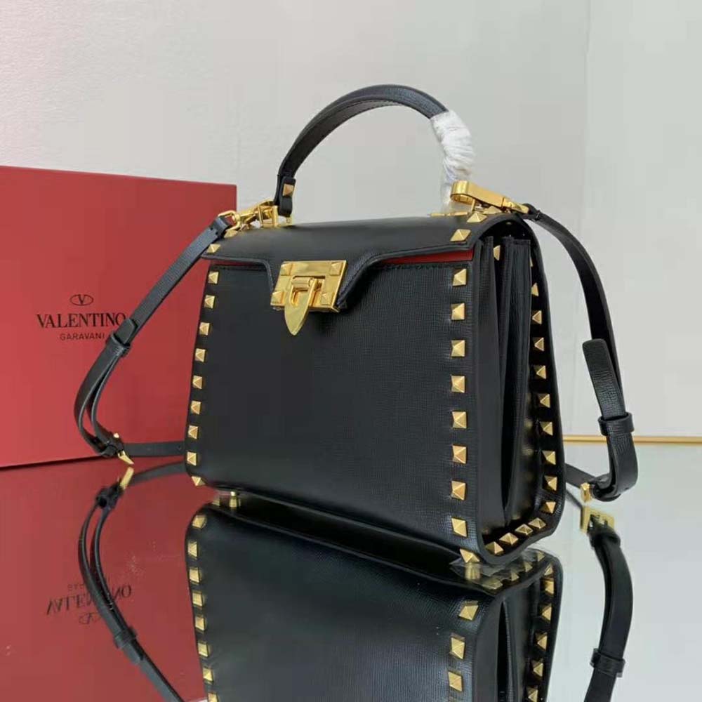 TÚI Valentino Rockstud Alcove Grainy Calfskin Handbag-Black