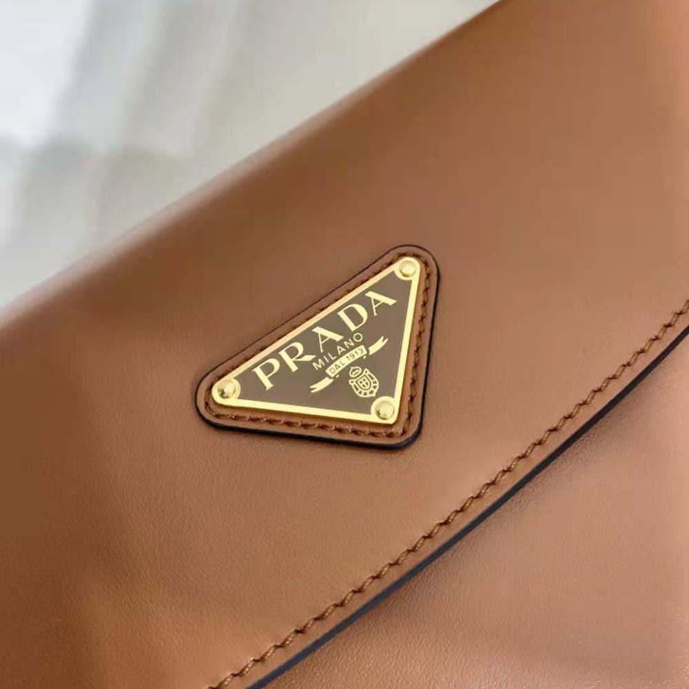 TÚI PRADA  Women Arqué Leather Shoulder Bag with Flap-Brown