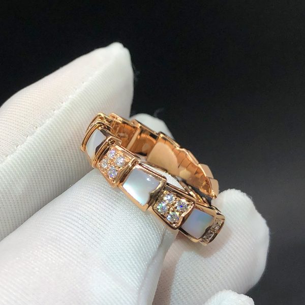 Nhẫn BVLGARI Serpenti Viper Kim cương xà cừ một cuộn vàng hồng 18K