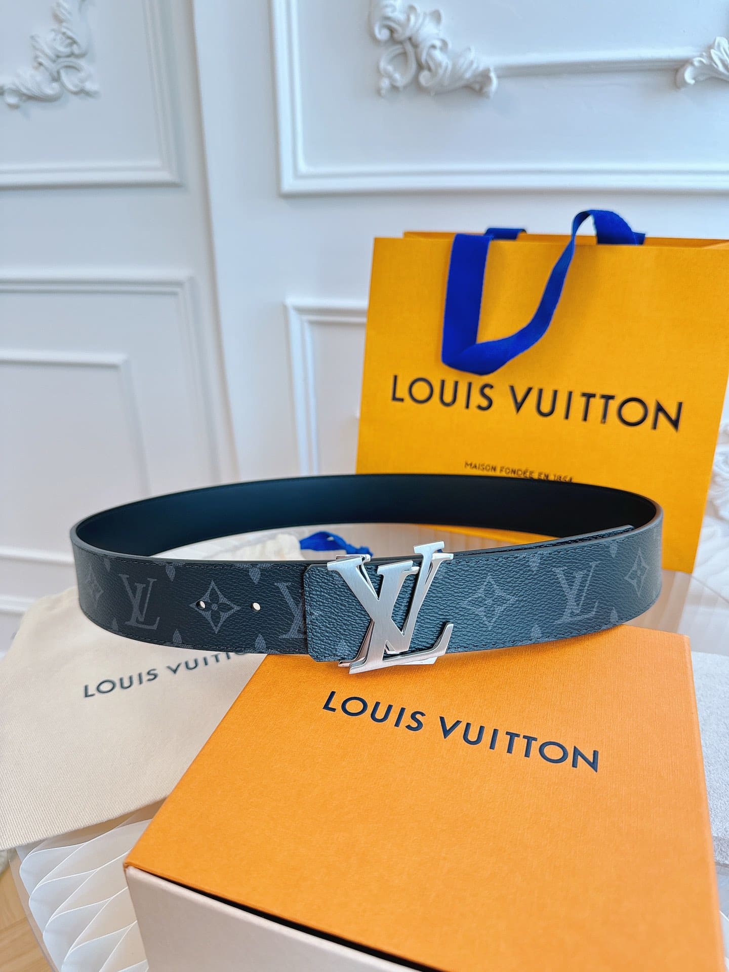 DÂY LƯNG LOUIS VUITTON DOUBLE LV BLACK MONOGRAM LEATHER Khóa bạc xanh