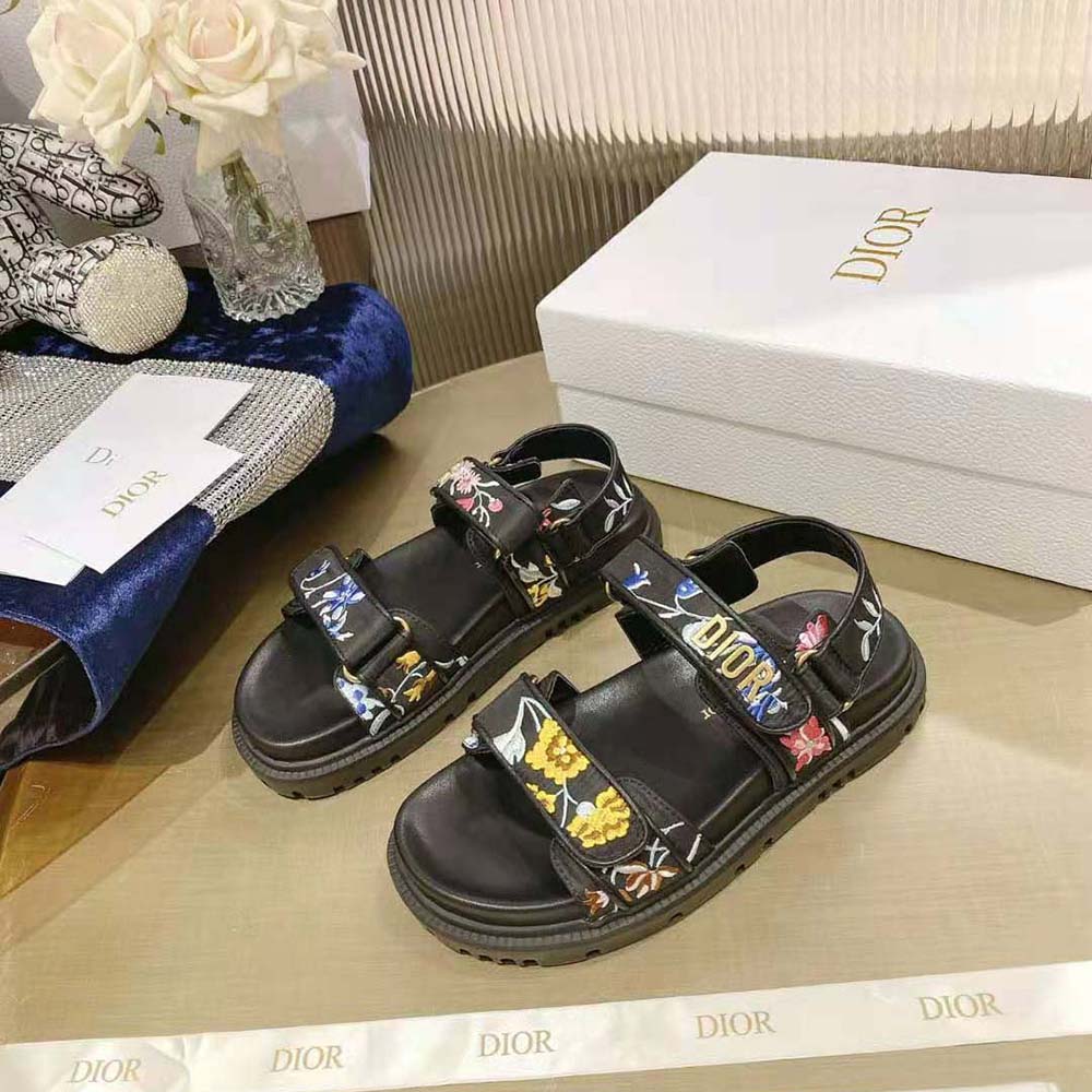 DÉP SANDAL DIOR Dioract Sandal Black Multicolor Technical Fabric Embroidered with Dior Petites Fleurs Motif