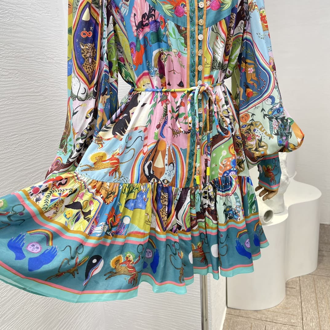 VÁY ZIMMERMANN Animals Print Long Lantern Sleeve Loose Mini Dress High Classy