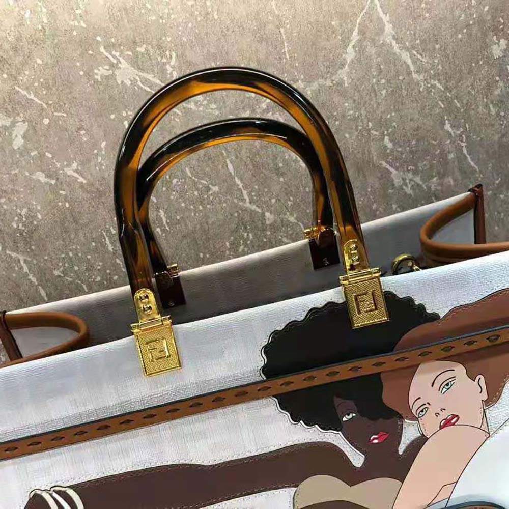 TÚI Fendi Women Sunshine Medium FF white Glazed Fabric Shopper with Inlay