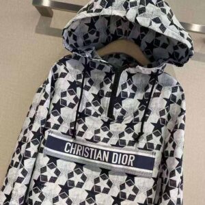 ÁO Dior Women Hooded Anorak Navy Blue Technical Taffeta Jacquard