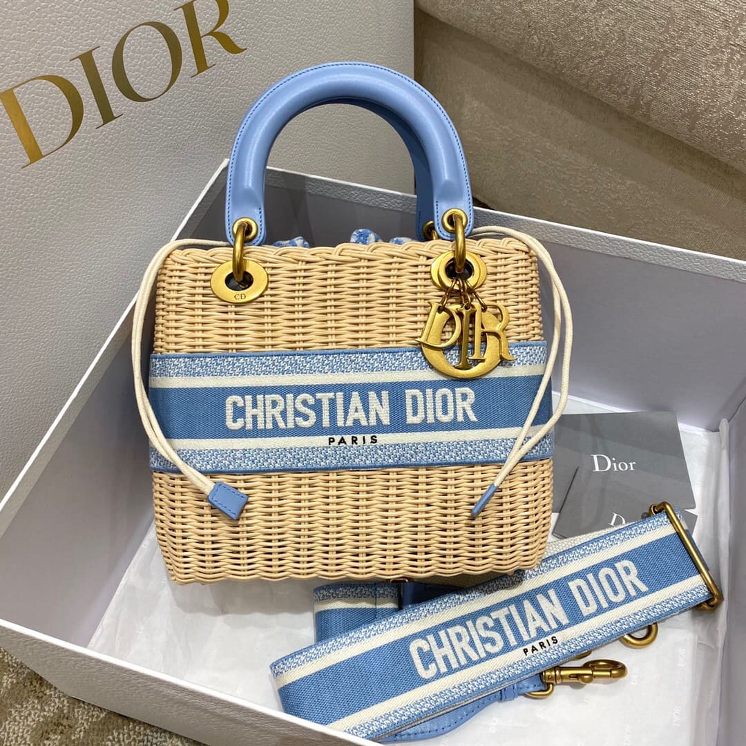 TÚI Dior Women Medium Lady Dior Bag Natural Wicker and Blue Dior Oblique Jacquard
