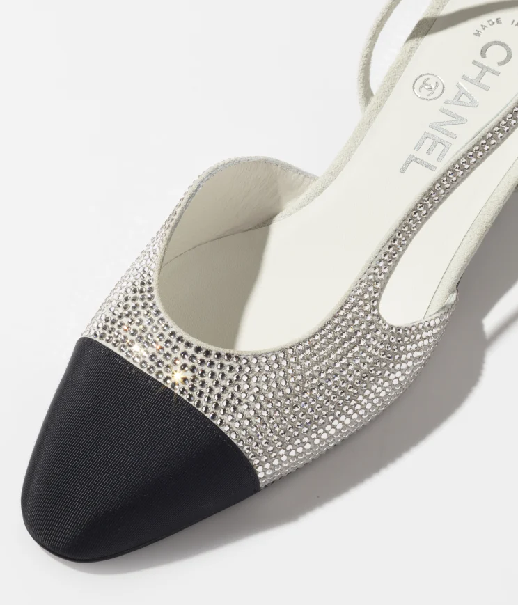 GIÀY SANDAL CHANEL SLINGBACK Hạt đá & Vải Grosgrain Bạc & Đen 20MM