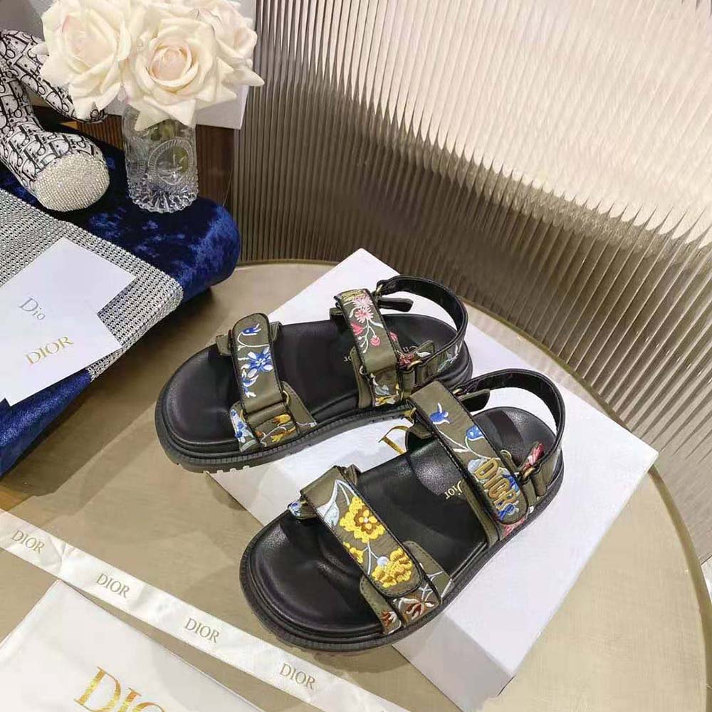 DÉP SANDAL DIOR Dioract Sandal Khaki Multicolor Technical Fabric Embroidered with Dior Petites Fleurs Motif