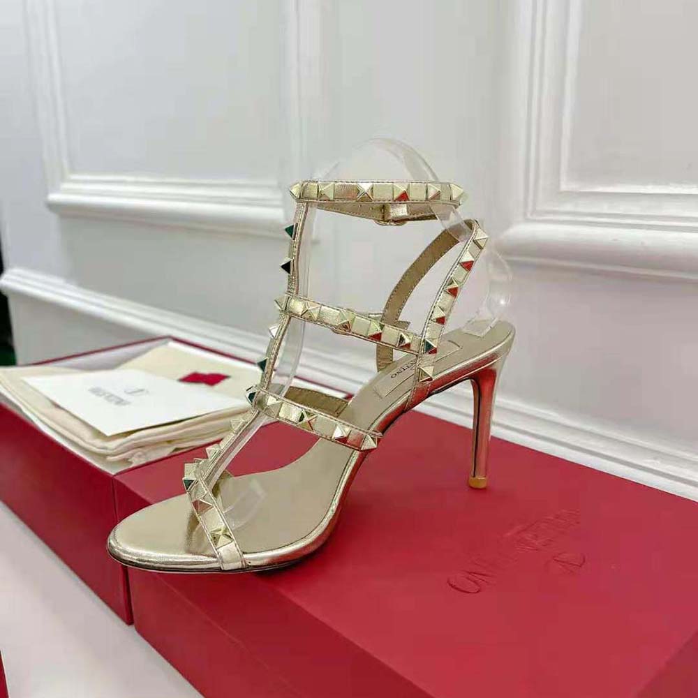 GIÀY Valentino Rockstud Metallic Calfskin Leather Ankle Strap Sandal 100 mm