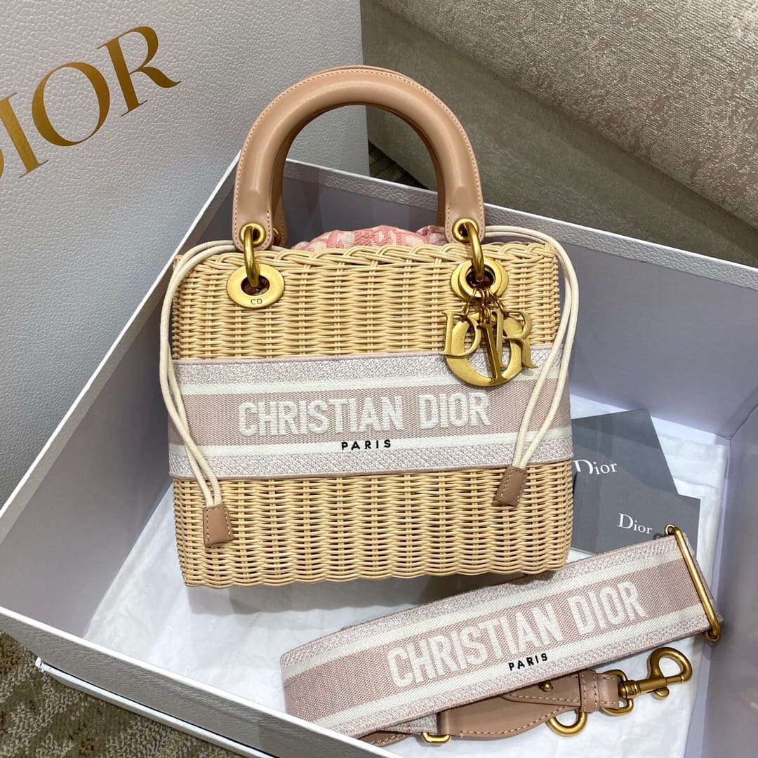 TÚI Dior Women Medium Lady Dior Bag Natural Wicker and Pink Dior Oblique Jacquard