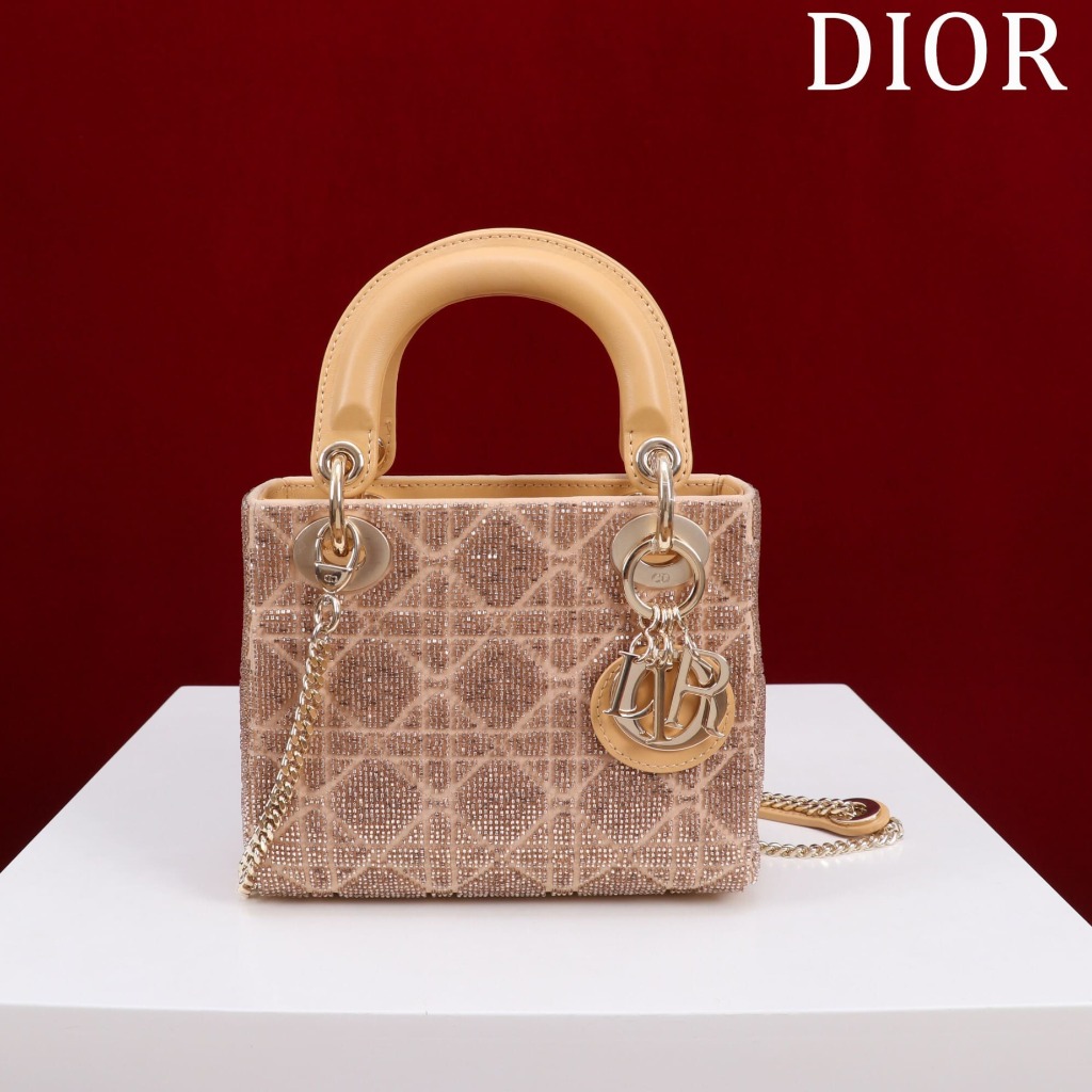 TÚI CHRISTIAN DIOR LADY DIOR Cannage Calfskin with Platinum Beaded Embroidery Brown