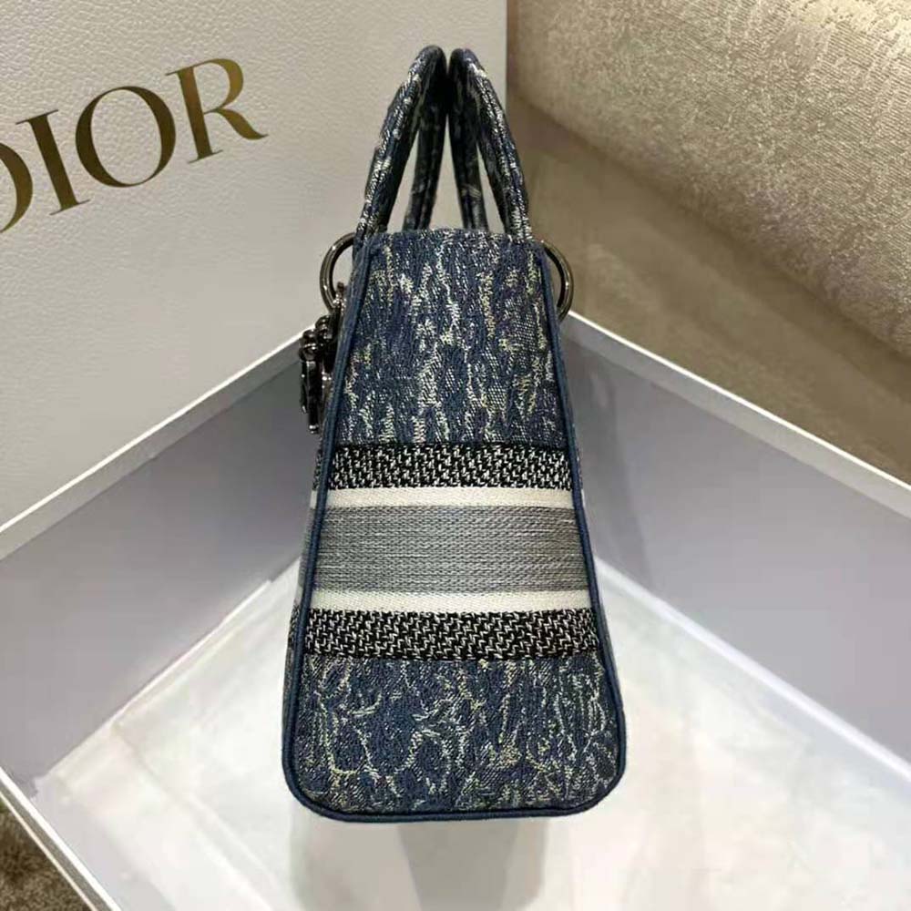 TÚI Christian Dior Lady D-Lite Bag Blue Dior Brocart Denim-Effect Embroidery