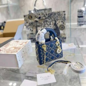 TÚI Dior Women Mini Lady Dior Bag Denim Blue Lucky Star Cannage Lambskin