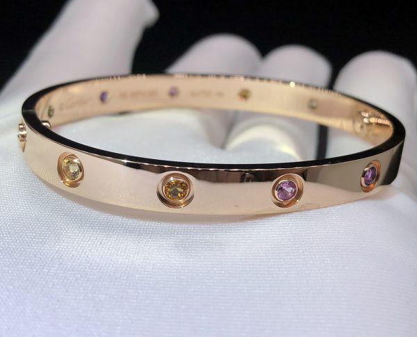 Vòng tay Cartier 10 viên đá quý Rainbow cầu vồng vàng hồng 18K
