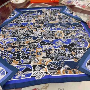 KHĂN Hermes Women Bingata Shawl 140 in Cashmere and Silk with Hand-Rolled Edges-Navy