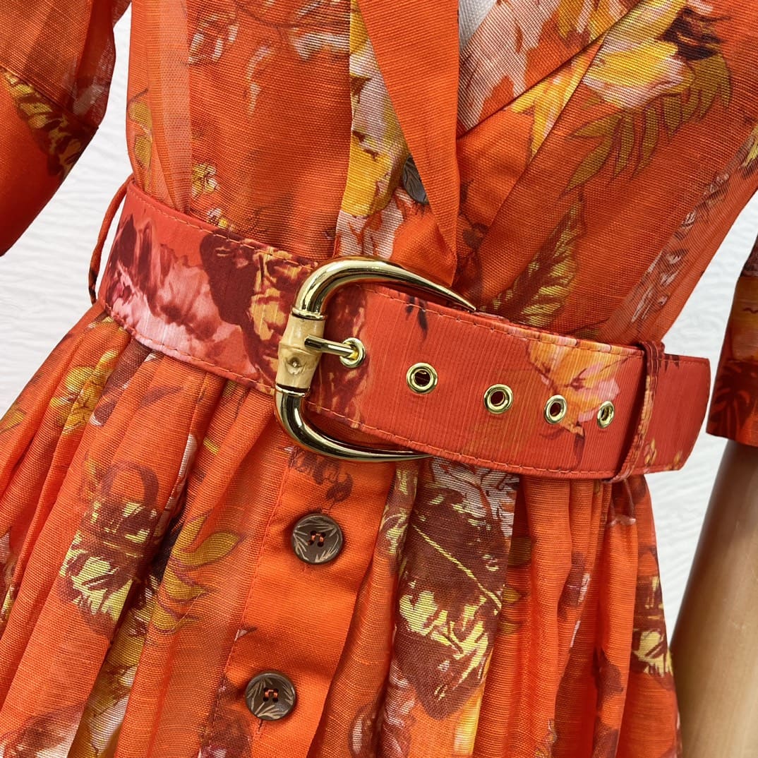 VÁY ZIMMERMANN Holiday Orange Short Sleeve Floral Print Midi Dress High Classy
