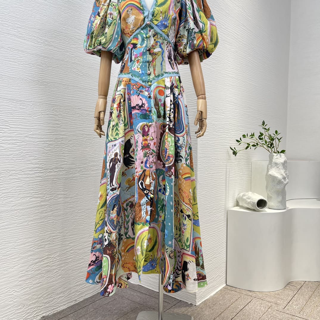 VÁY CAMILLA Portrait Cartoon Floral Print Short Sleeve Midi Dress High Classy