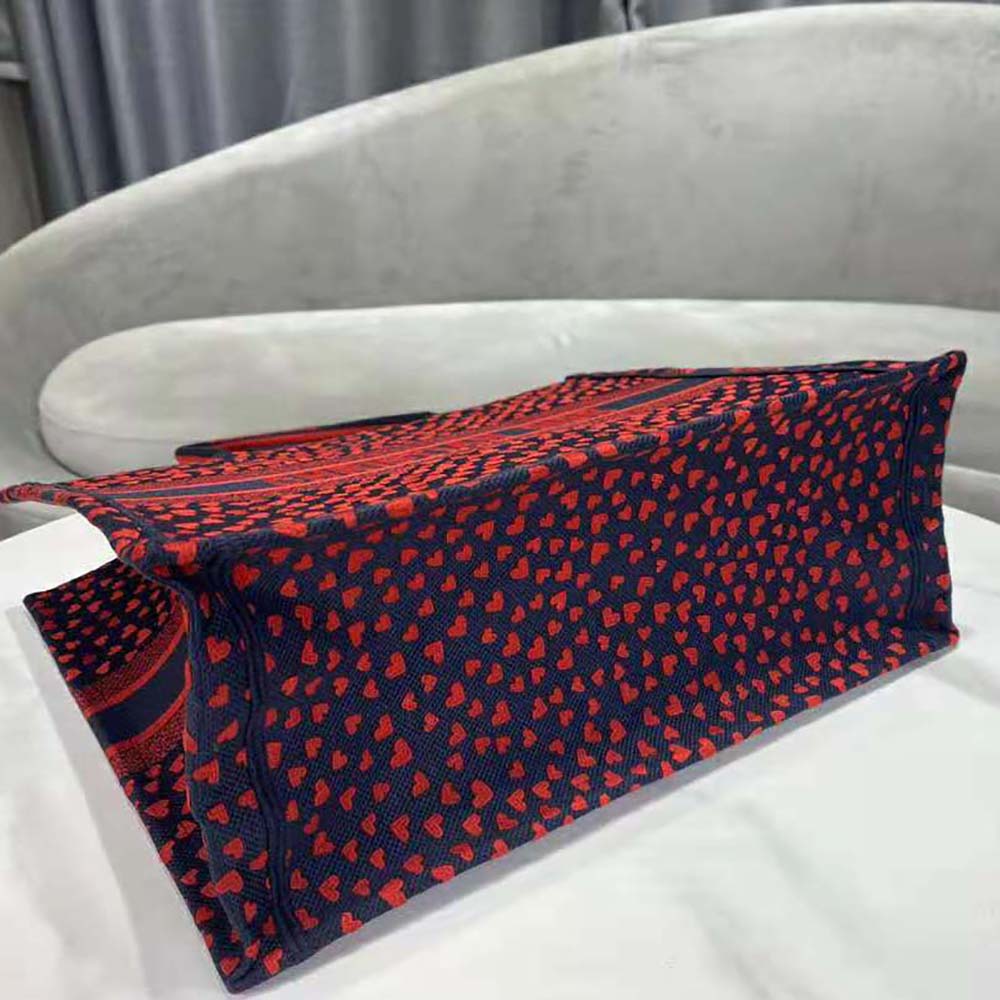 TÚI Dior Women Small Dior Book Tote Navy Blue I Love Paris and Red Hearts Embroidery