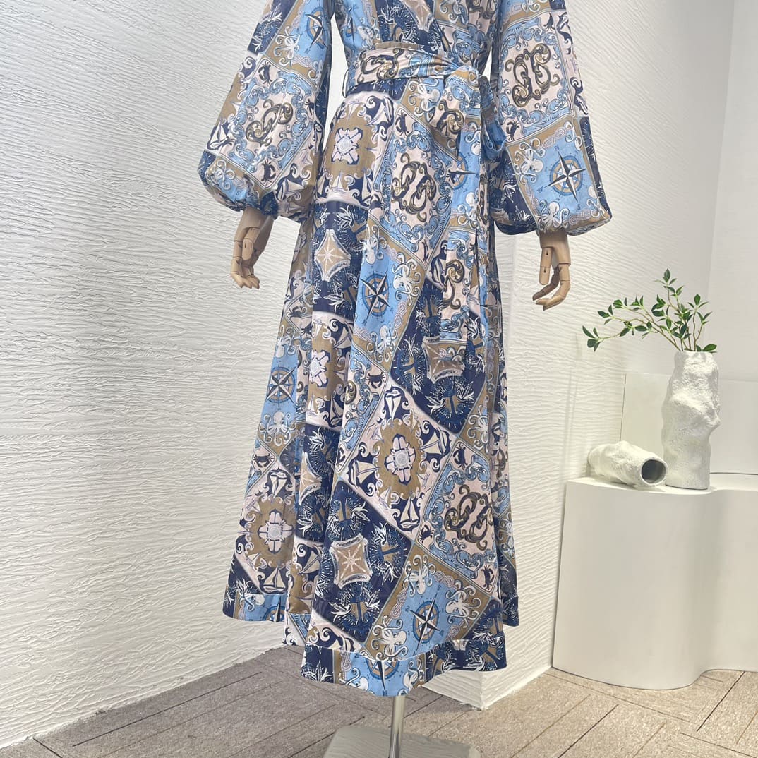 VÁY ZIMMERMANN Blue Plaid Long Lantern Sleeve Wrap Midi Dress High Classy